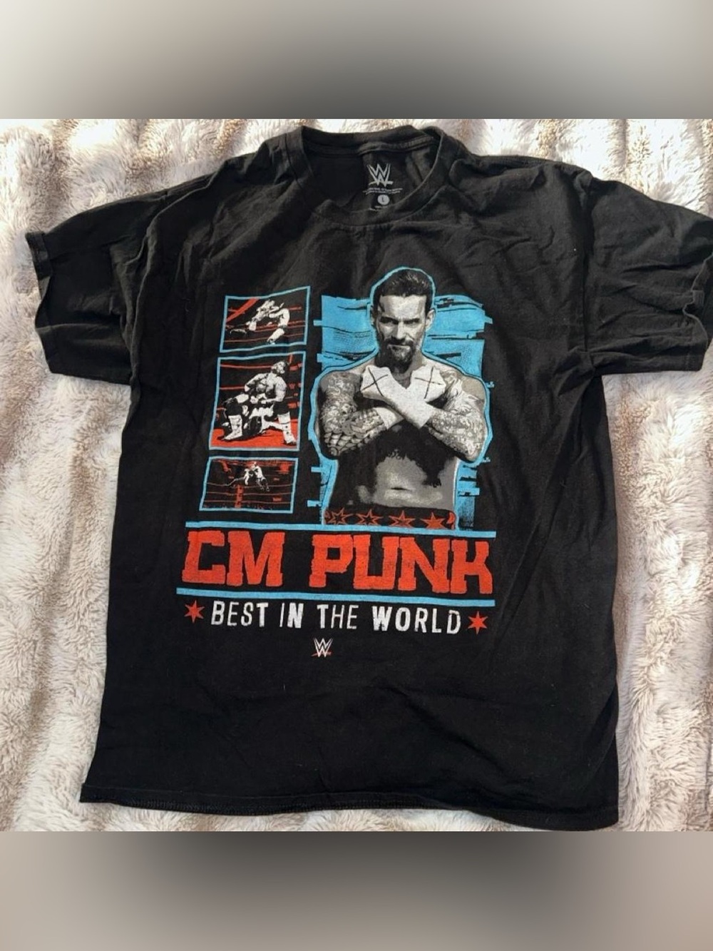 WWE Black CM Punk Graphic Tee with Red & Blue Accents